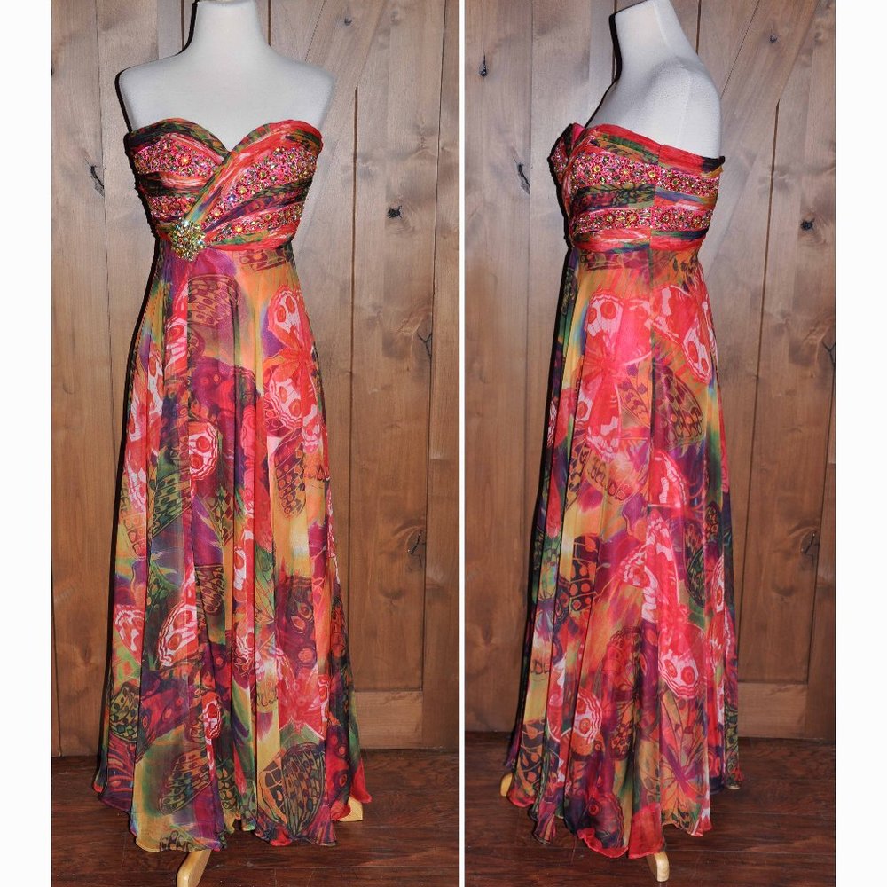 Frenchy by Heather French Henry Colorful Boho Strapless Chiffon Maxi Gown
